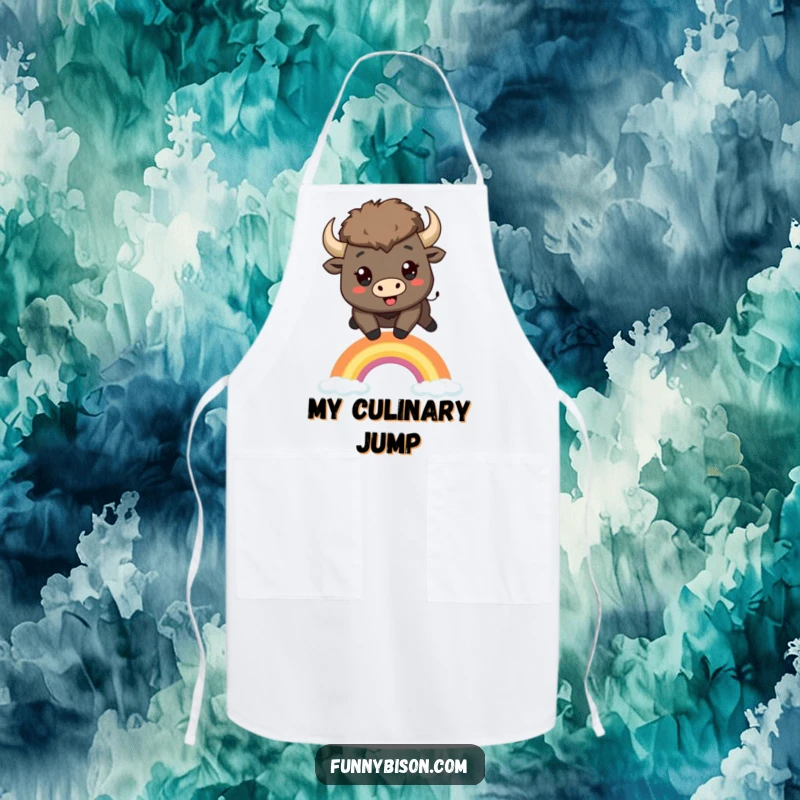 Funny Kawaii bison apron featuring a happy bison leaping over a small, stylized rainbow, adding fun to cooking tasks.