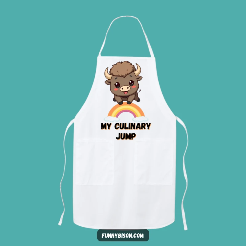 Durable Funny Kawaii Bison Rainbow Leap Apron - Playful Kitchen Bison Gift