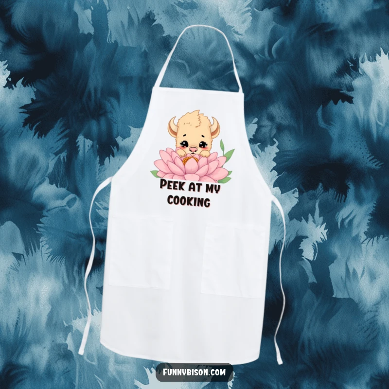 Funny apron featuring a cute bison cub peeking curiously over a giant flower, ready for kitchen exploration.