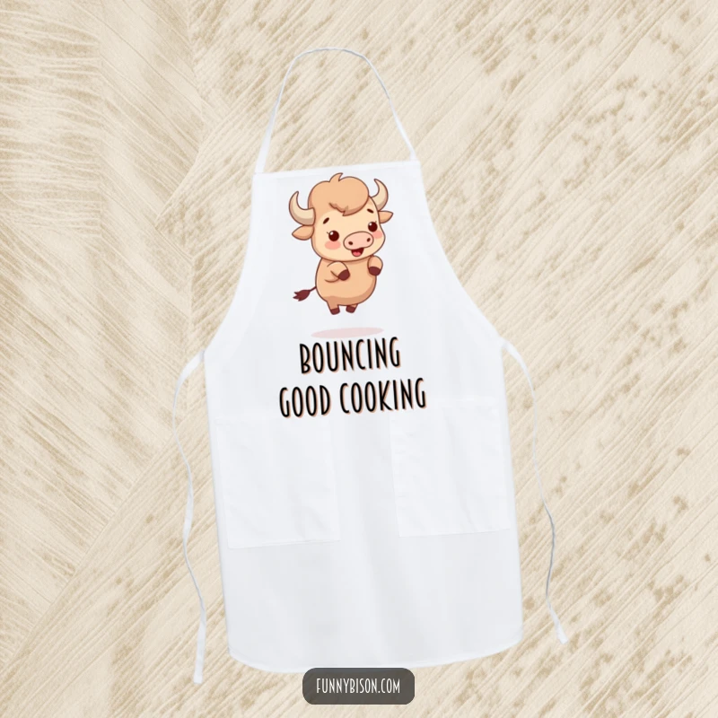 Funny cute bison bouncing with sheer joy on tiny hooves, illustrated on a chef's apron for a cheerful cooking experience.