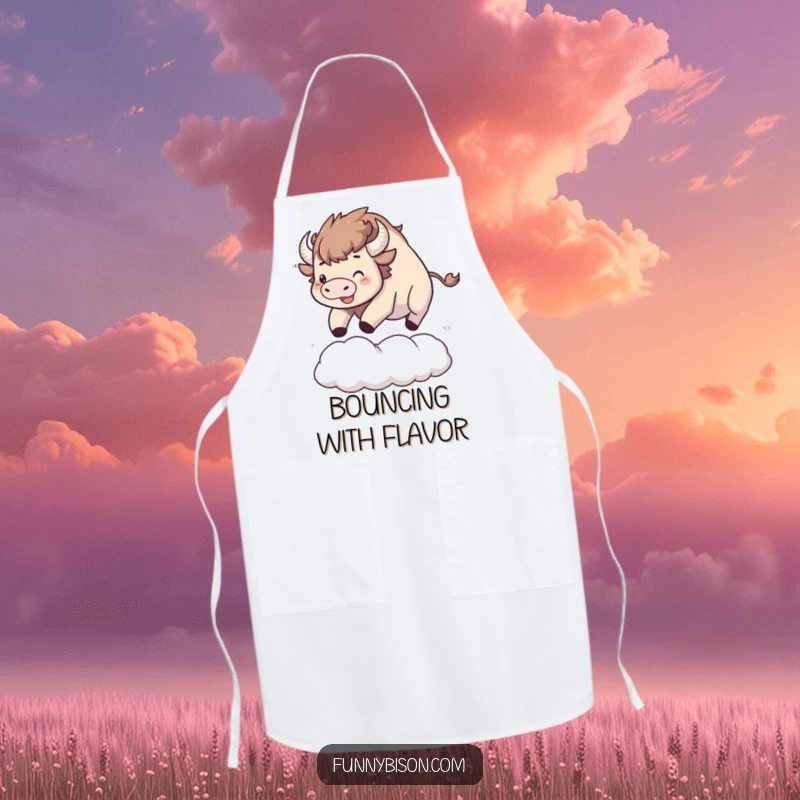 Funny Kawaii bison apron featuring a happy bison enthusiastically bouncing on a large, soft cloud, adding fun to cooking.