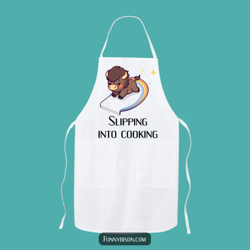 Playful Funny Kawaii Bison Rainbow Slide Apron - Fun Kitchen Bison Gift