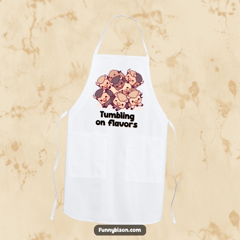 Funny Kawaii bison apron featuring a small group of happy bison playfully tumbling together, adding fun to cooking.