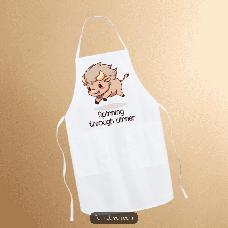 Funny Kawaii bison apron featuring a happy bison spinning in circles, chasing its tail, adding fun to cooking.