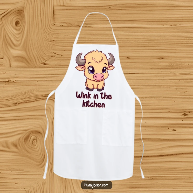 Funny apron featuring a cute bison calf giving a playful wink with its big eye, ready for culinary adventures.