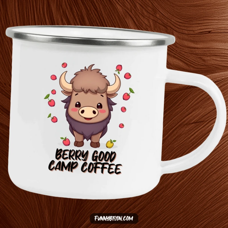 Funny smiling bison juggling small berries with its horns, captured on a rugged camping mug for adventurous enjoyment.