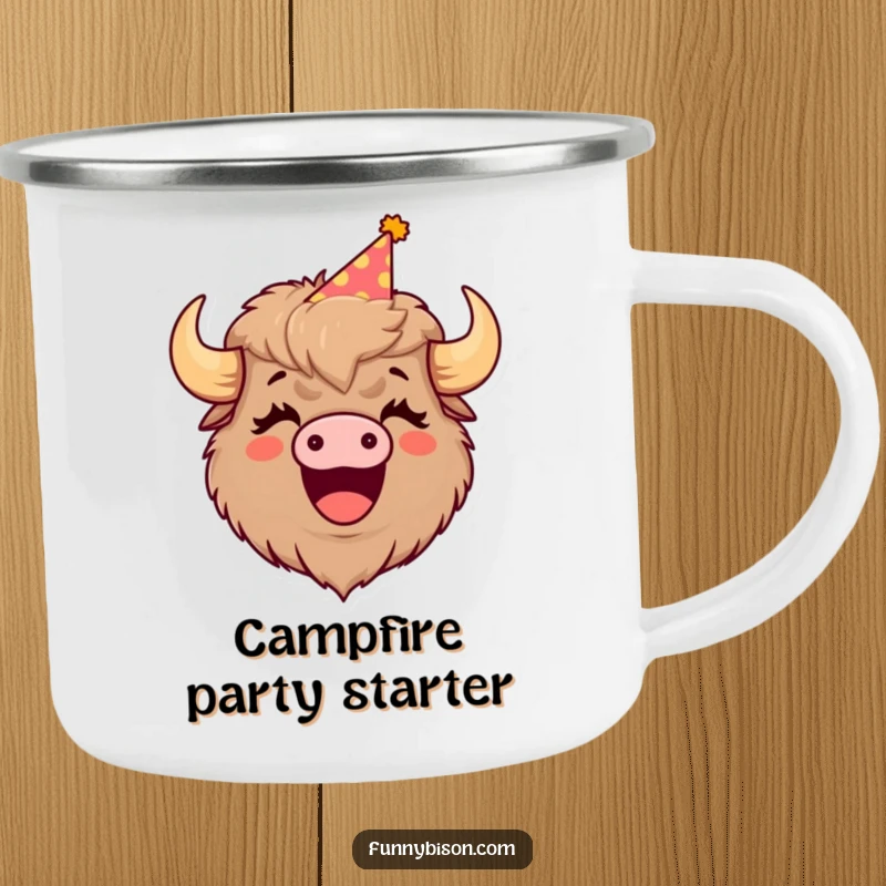 Funny camping mug showcasing a cute bison in a party hat, mouth open in a hearty laugh, ideal for campfire stories.