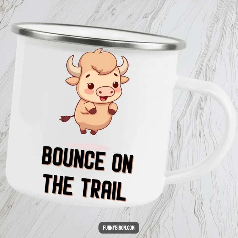 Funny cute bison bouncing with sheer delight on tiny hooves, captured on a rugged camping mug for cheerful outdoor sipping.