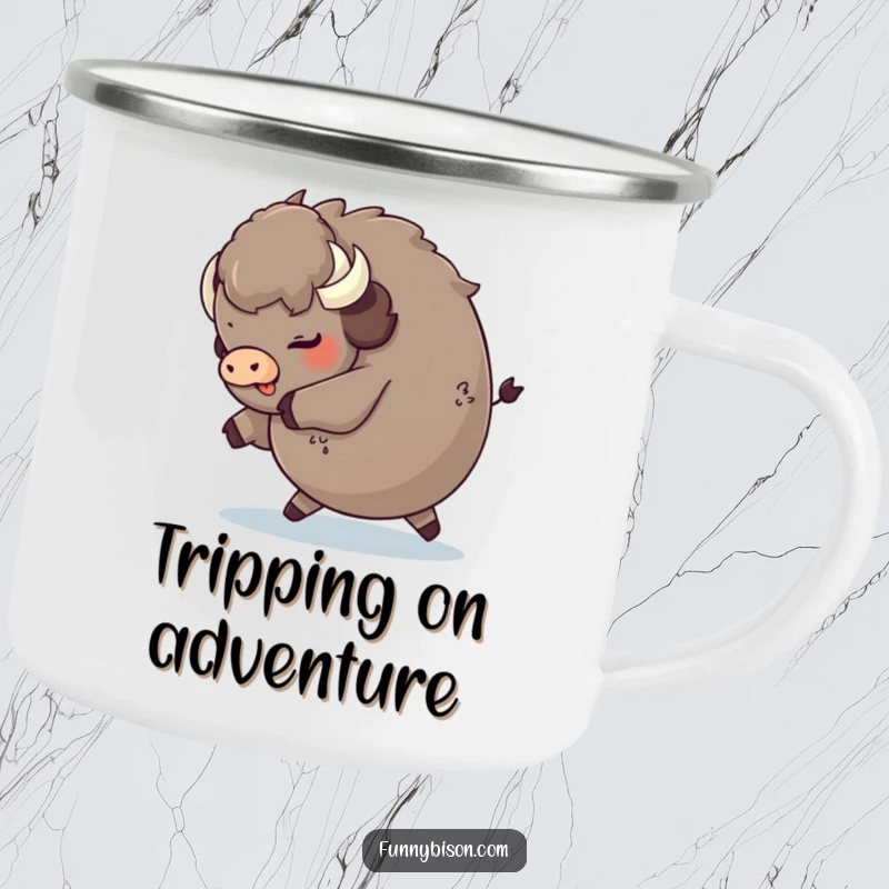 Funny round bison tripping playfully and landing on its fluffy rear, captured on a rugged camping mug for outdoor enjoyment.