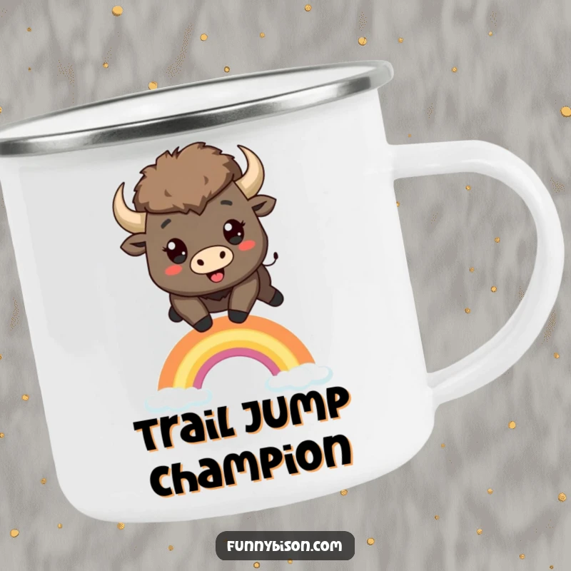 Funny Kawaii bison camping mug showing a happy bison leaping over a small, stylized rainbow, perfect for outdoor adventures.