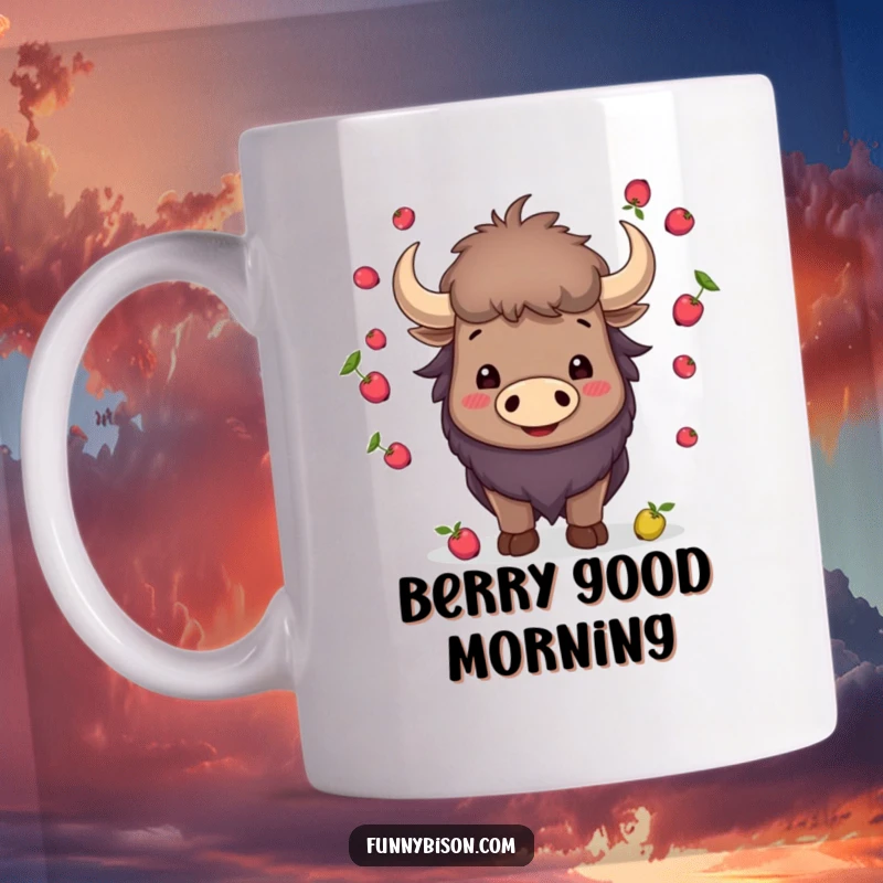 Funny smiling bison artistically juggling small berries with its horns, showcasing a whimsical talent on this charming mug.