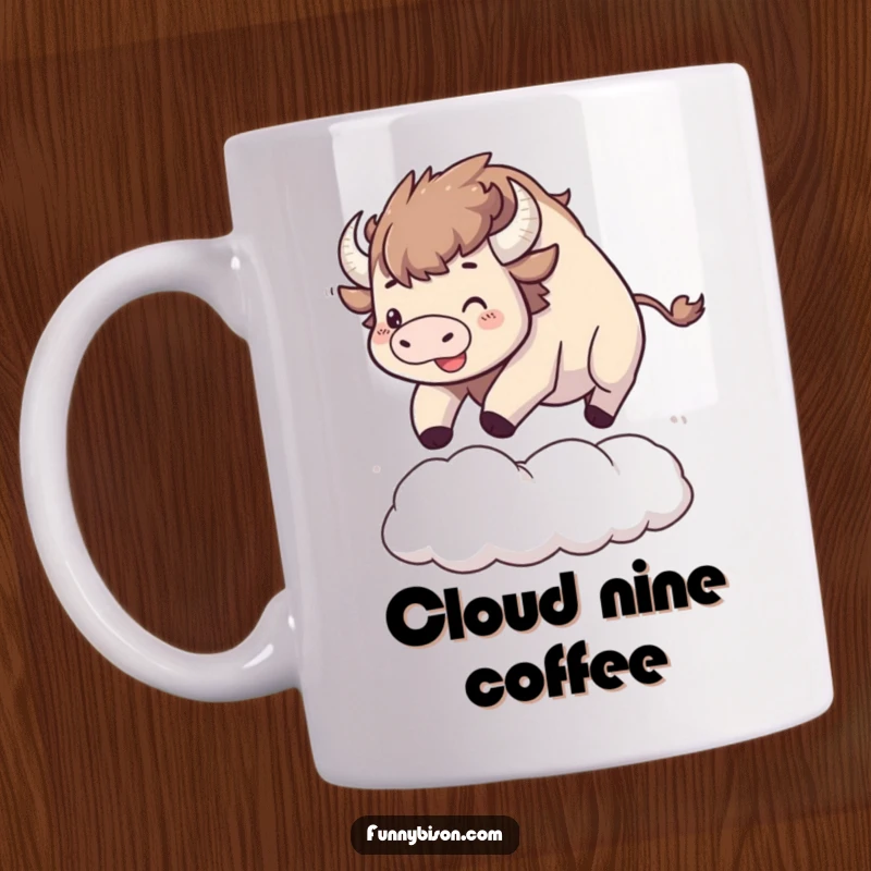 Funny Kawaii bison mug featuring a happy bison enthusiastically bouncing high on a large, soft, fluffy cloud.
