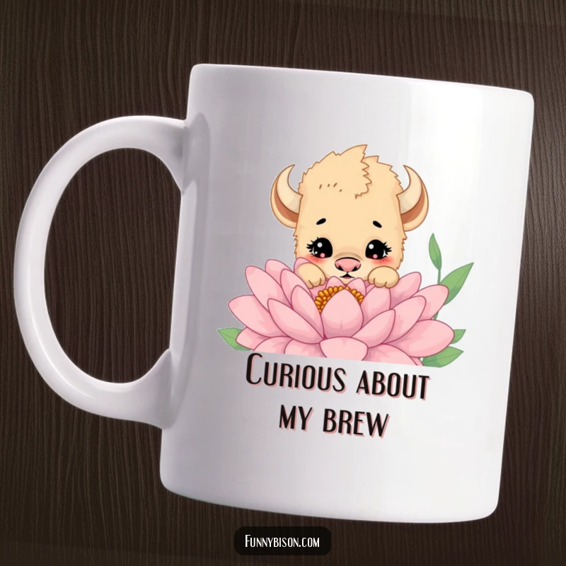 Funny mug featuring a cute bison cub peeking curiously over a large, vibrant flower, showcasing a sweet and inquisitive expression.