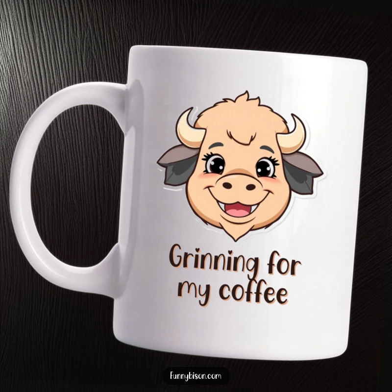 Funny mug featuring a stylized bison head with comically large happy eyes and an enormous, infectious wide grin, radiating pure joy.