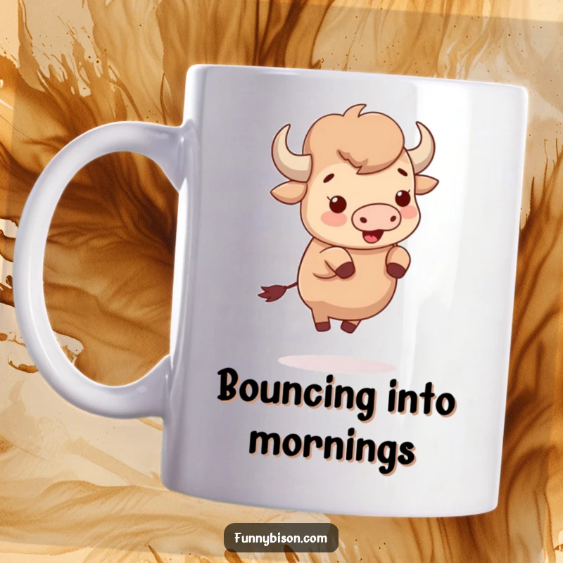 Funny cute bison energetically bouncing with sheer delight on tiny hooves, bringing a smile to this happy mug design.