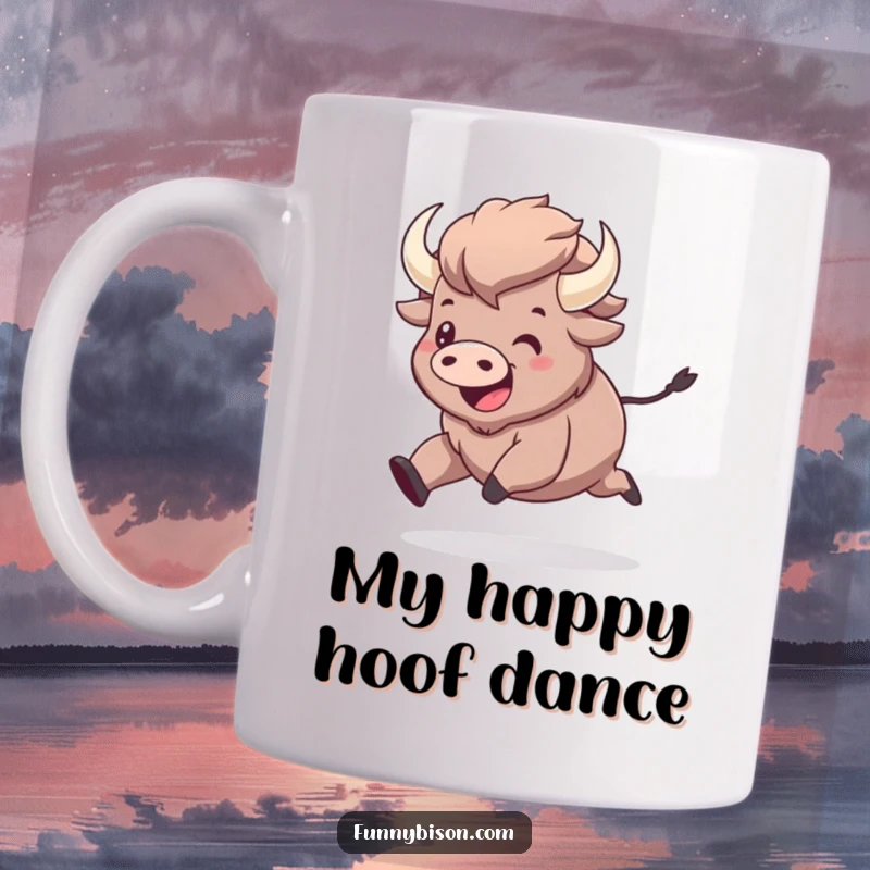 Funny kawaii bison prancing with an explosion of exaggerated joy, spreading happiness in this cute and delightful mug design.