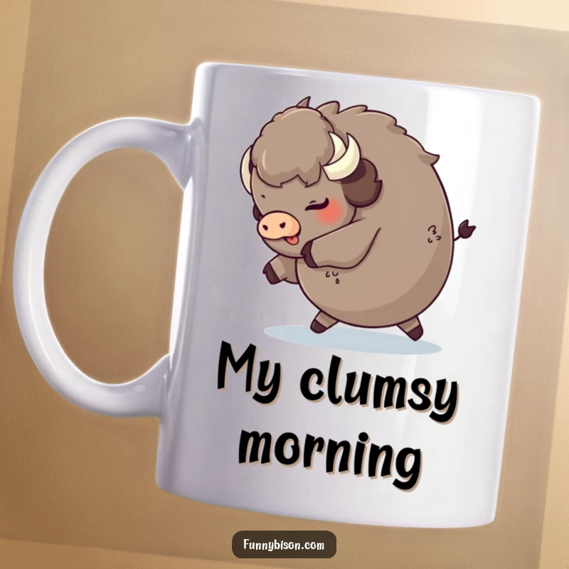 Funny round bison tripping playfully and landing on its fluffy rear, captured in a humorous and relatable mug design.