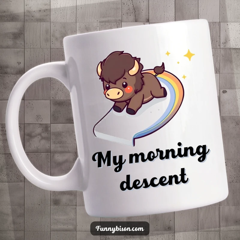 Funny Kawaii bison mug featuring a happy bison excitedly sliding down a sparkling, curved rainbow slide with a joyful expression.