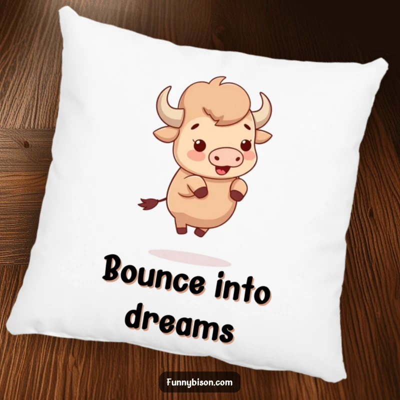 Funny cute bison bouncing with uncontainable delight on tiny hooves, featured on a plush pillow for humorous comfort and joy.