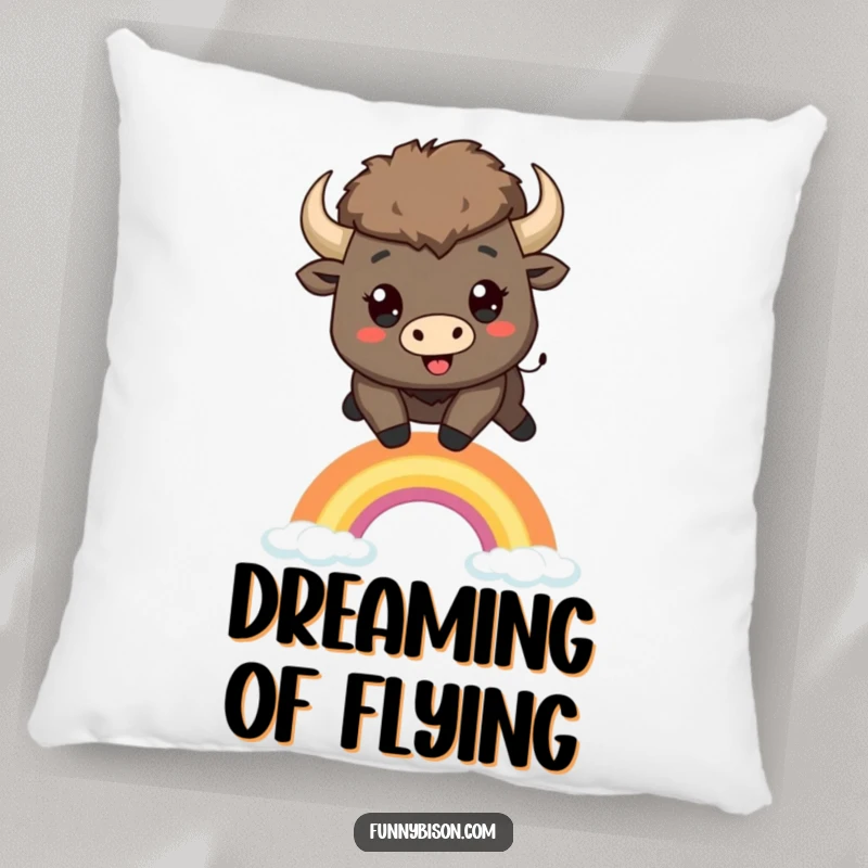 Funny Kawaii bison pillow with a happy bison leaping over a small, stylized rainbow, perfect for adding soft, humorous decor.