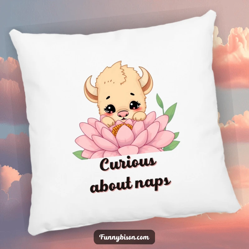 Funny pillow featuring a cute bison cub with a curious expression, peeking over a giant flower, bringing comfort and charm.