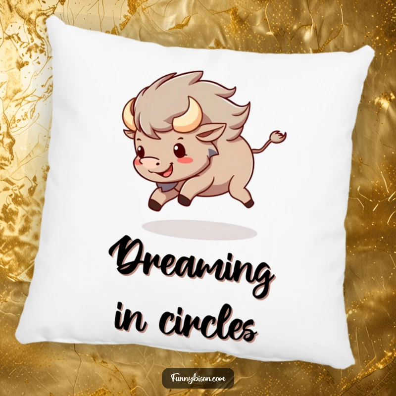 Funny Kawaii bison pillow with a happy bison spinning and chasing its tail, perfect for adding soft, humorous decor.