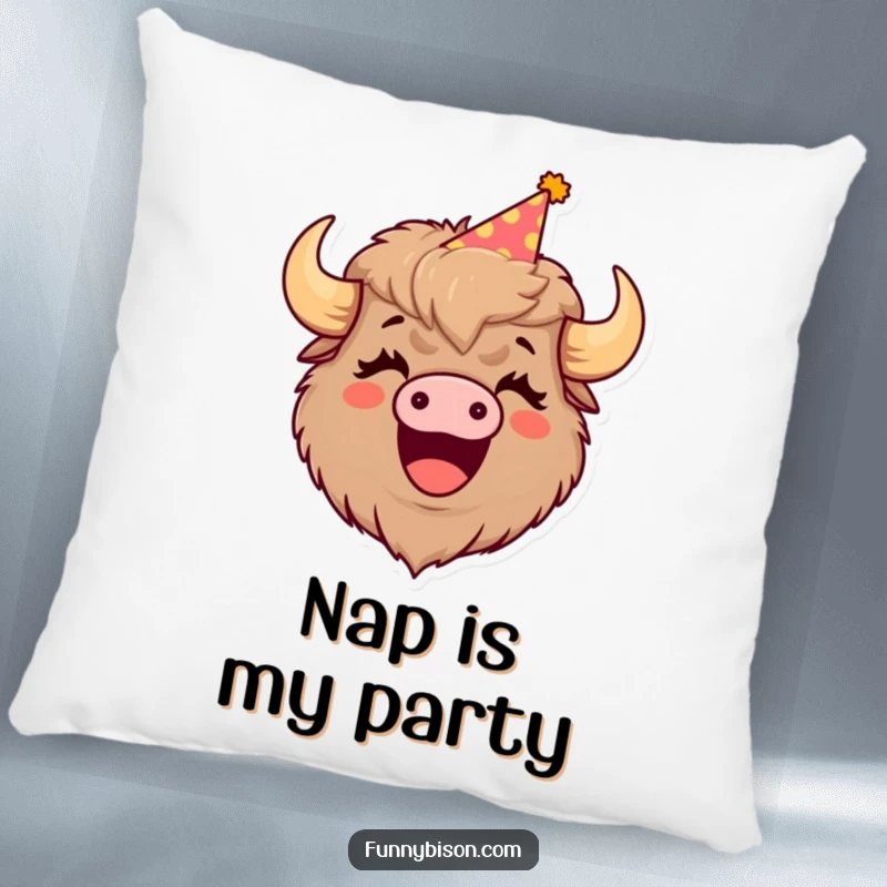 Funny pillow featuring a cute bison in a party hat, head tilted back in a hearty laugh, offering comfort and comedy.