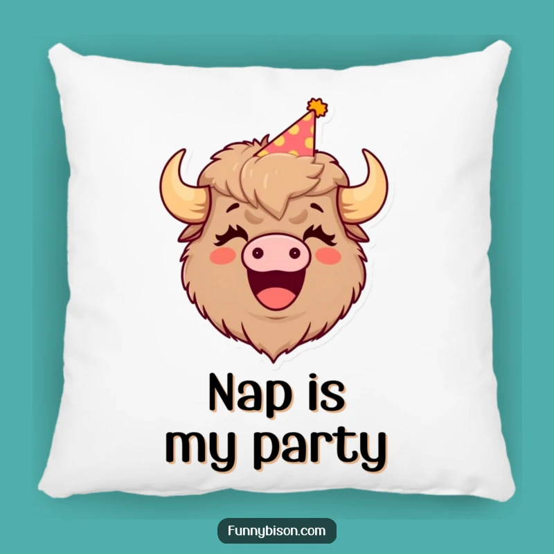 Funny Bison Comfort Pillow: Soft & Hilarious Party Hat Bison, Cozy Funny Gift