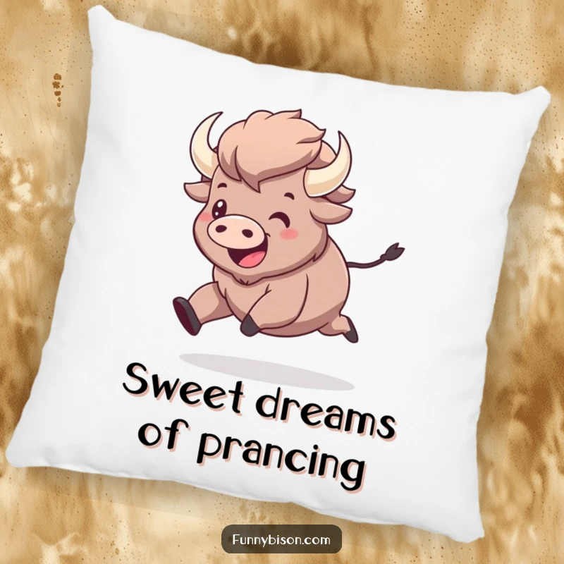 Funny kawaii bison joyfully prancing with exaggerated elation, designed on a soft pillow, bringing humor and comfort to any living space.