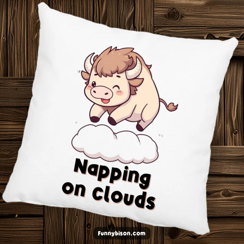 Funny Kawaii bison pillow with a happy bison bouncing on a large, soft cloud, perfect for adding soft, humorous decor.