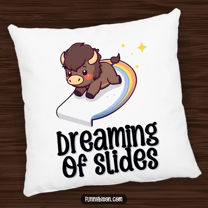 Funny Kawaii bison pillow with a happy bison sliding down a sparkling, curved rainbow, perfect for adding soft, humorous decor.