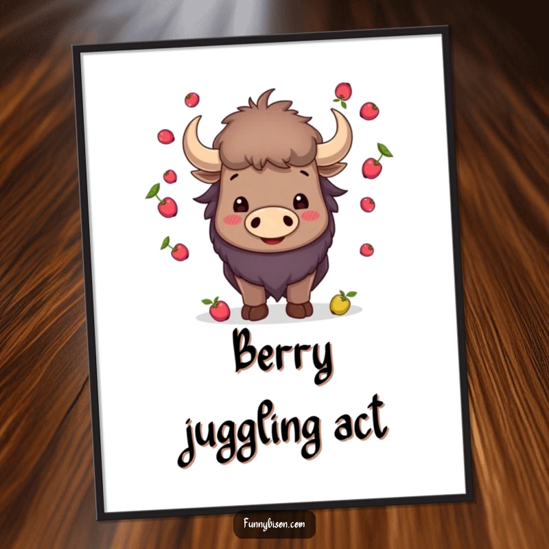 Funny smiling bison juggling small berries with its horns, captured in a humorous and charming digital art print.