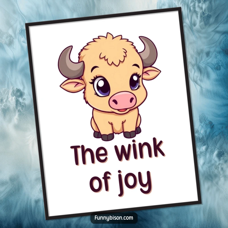 Funny digital art print of a cute bison calf giving a charming wink with its big eye, perfect for immediate download.