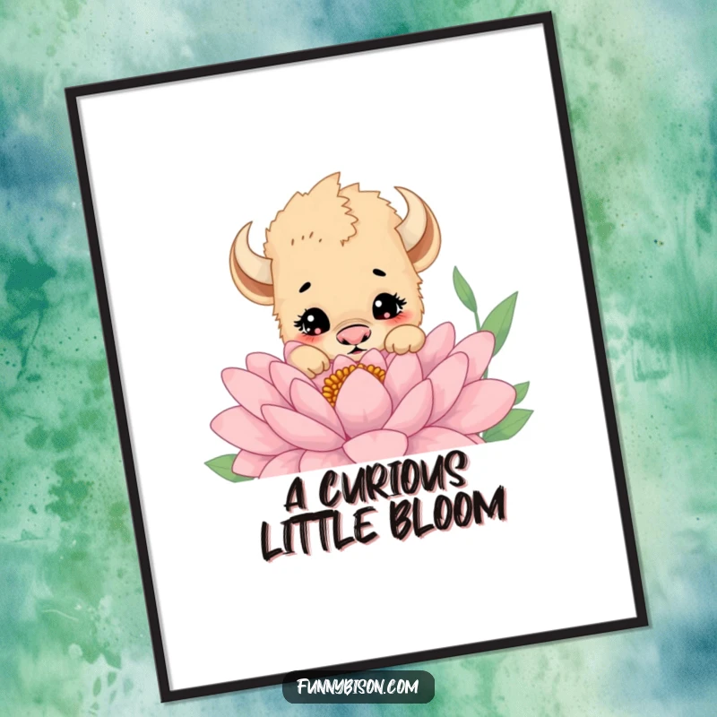 Funny digital art print of a cute bison cub peeking curiously over a giant flower, perfect for immediate download.