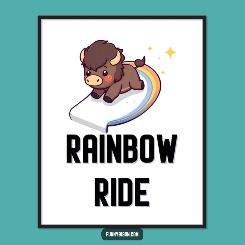 Instant Funny Kawaii Bison Rainbow Slide Digital Print - Exciting Bison Wall Art Gift