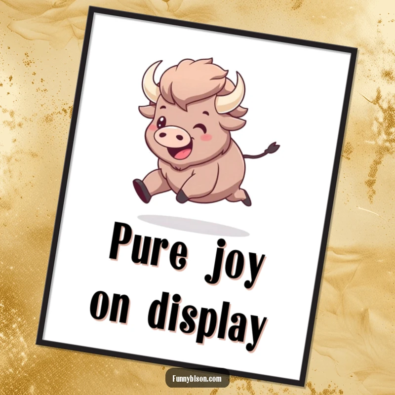 Funny kawaii bison captured in a moment of exaggerated, joyful prancing, available as a digital art print for immediate humorous decoration.