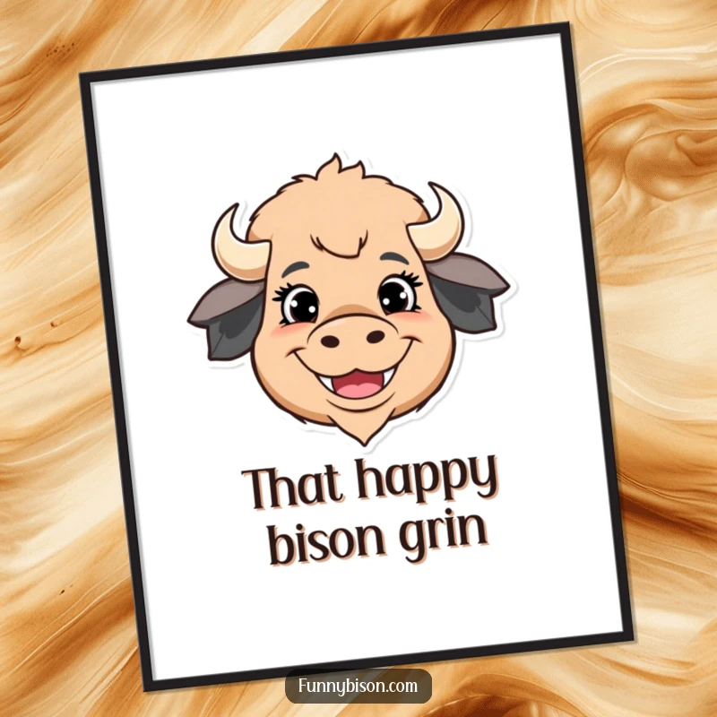 Funny digital art print of a stylized bison head with exaggerated happy eyes and a wide grin, radiating pure joy.