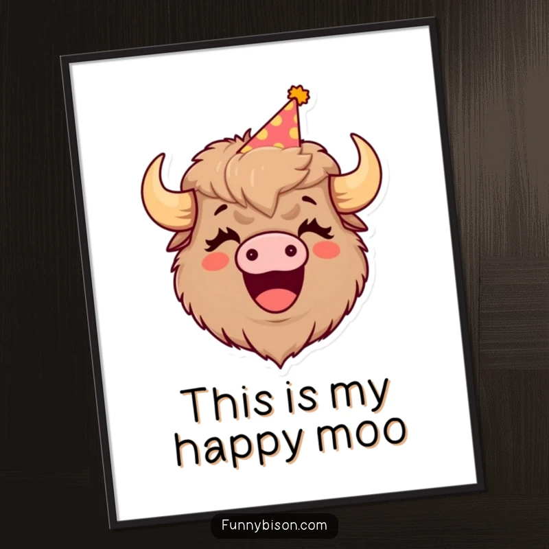 Funny digital art print of a cute bison wearing a party hat, roaring with laughter, available for immediate download and display.