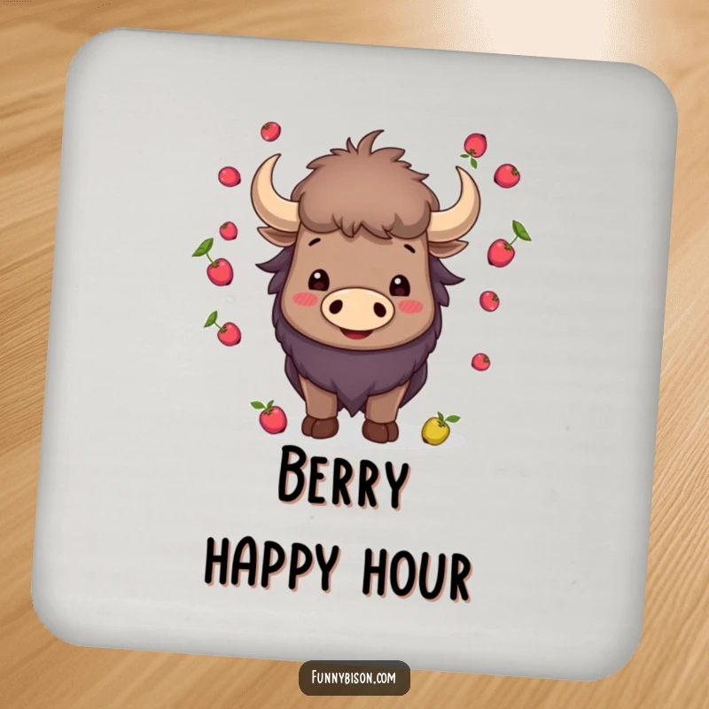 Funny smiling bison juggling small berries with its horns, featured on a protective and humorous drink coaster.