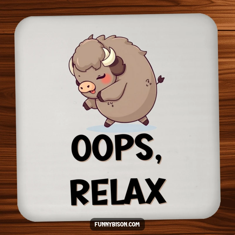 Funny round bison tripping playfully and landing on its fluffy rear, featured on a protective and humorous drink coaster.