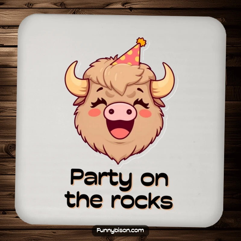 Funny drink coasters featuring a cute bison in a party hat, mouth open in a big laugh, protecting your surfaces with style.