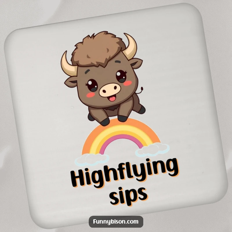 Funny Kawaii bison coaster featuring a happy bison leaping over a small, stylized rainbow, protecting surfaces with humor.