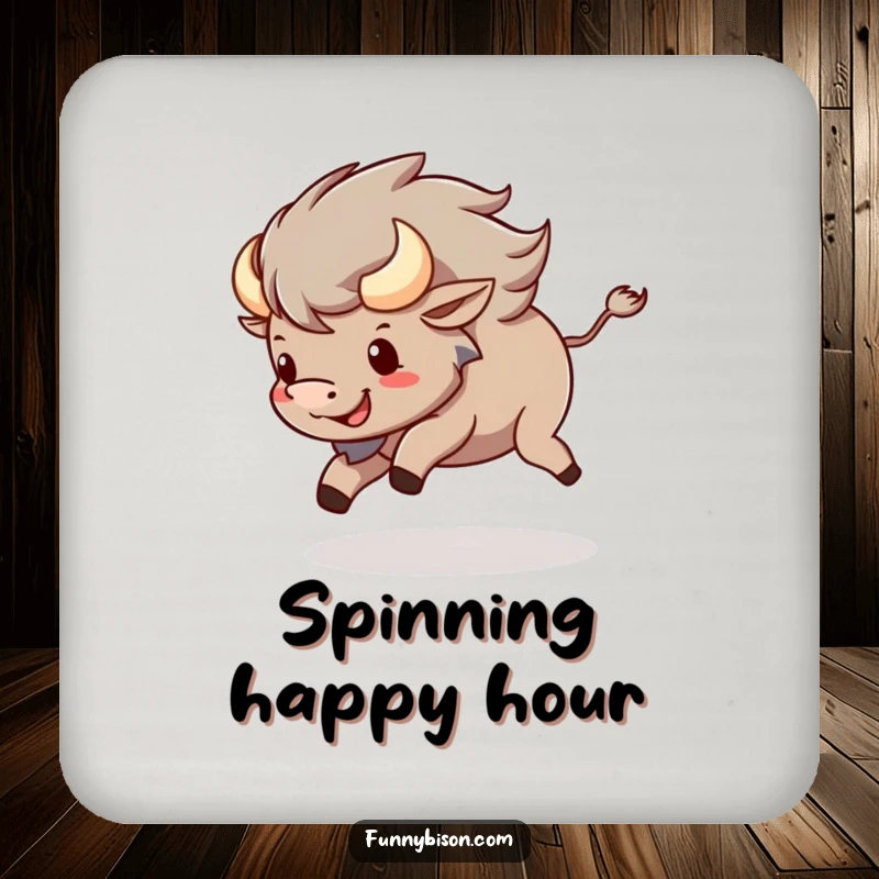 Funny Kawaii bison coaster featuring a happy bison spinning in circles, chasing its tail, adding playful charm.