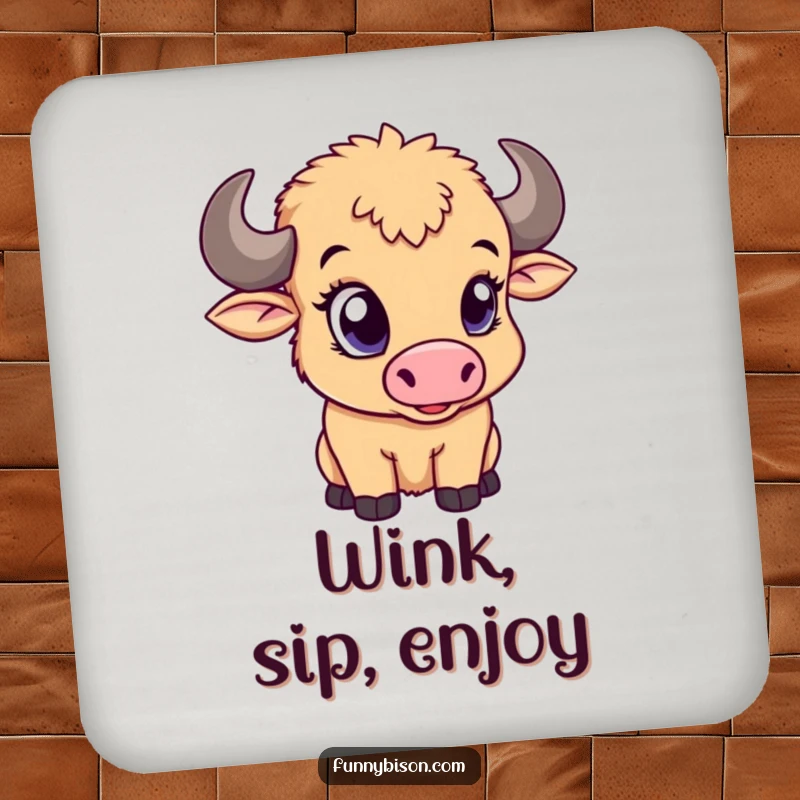 Funny drink coasters featuring a cute bison calf giving a playful wink with its large eye, offering charming surface protection.