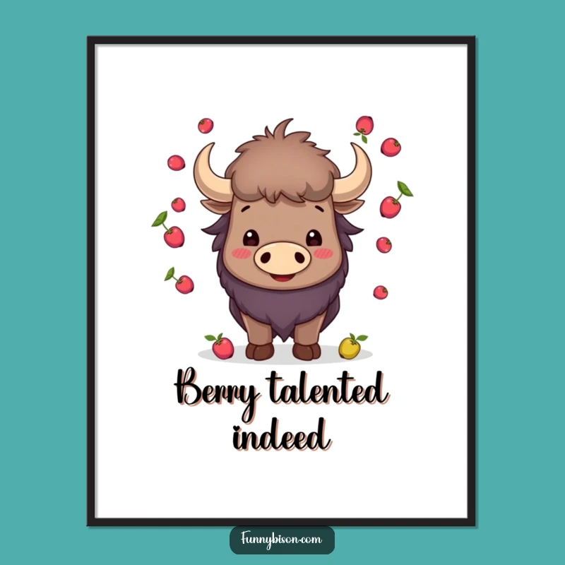Funny Smiling Bison Juggling Poster - Berry Horns Talent Bison Art