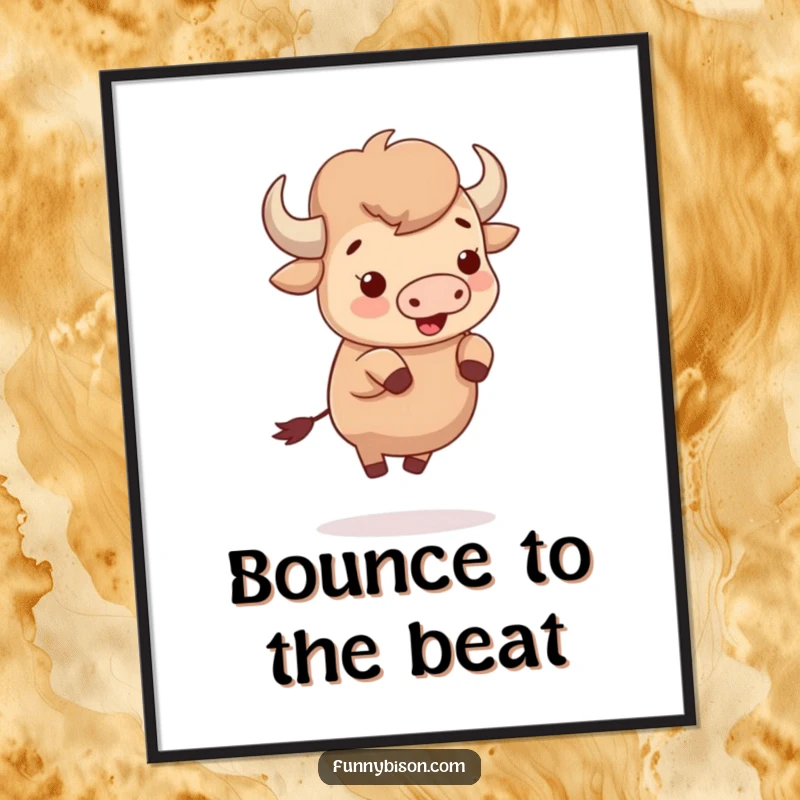Funny cute bison energetically bouncing with sheer delight on tiny hooves, captured in a humorous and delightful poster print.
