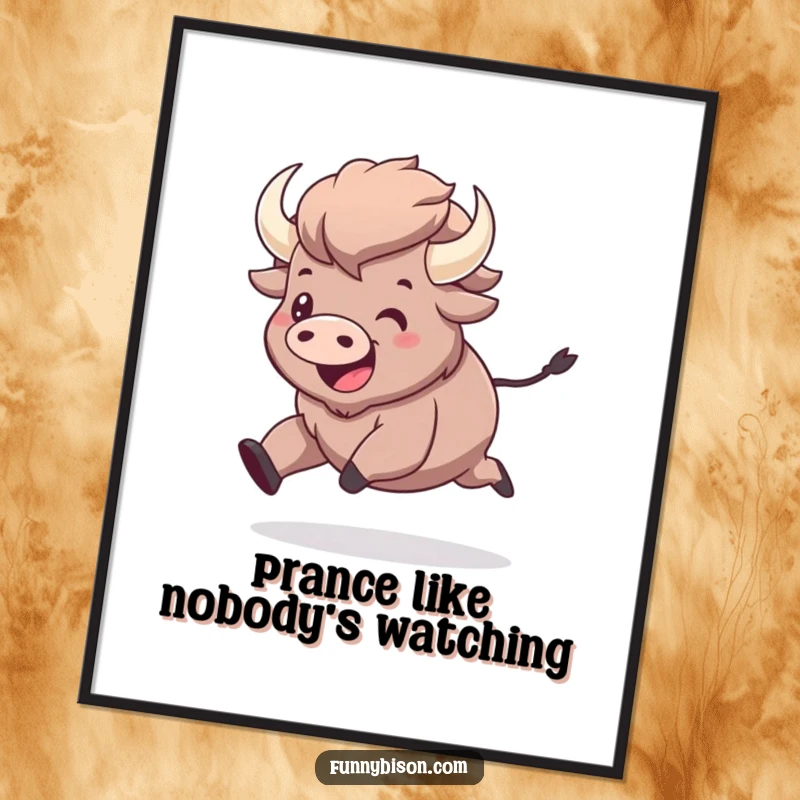 Funny kawaii bison in a state of exaggerated, joyful prancing, captured in a vibrant poster print for a cheerful and humorous wall decoration.