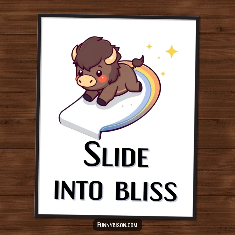 Funny Kawaii bison poster showing a happy bison excitedly sliding down a sparkling, curved rainbow slide, creating a vibrant scene.