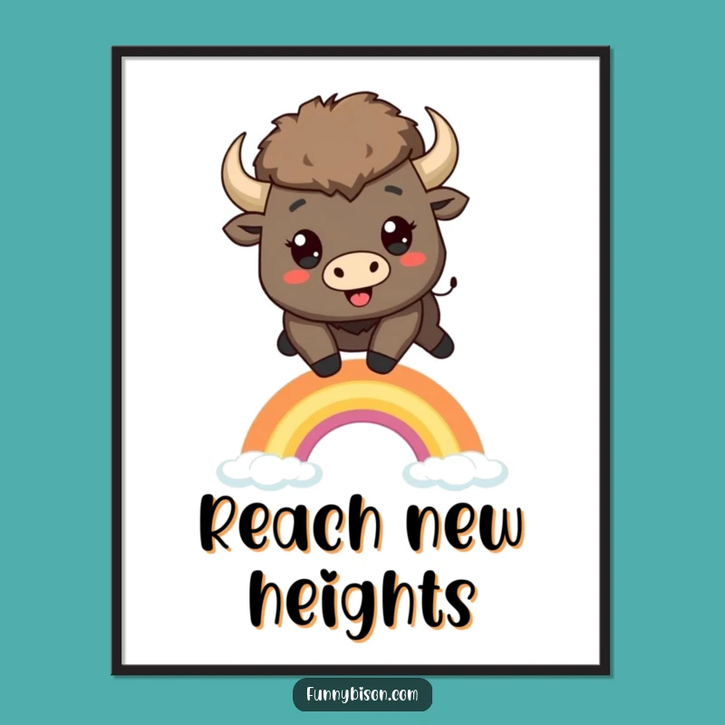 Vibrant Funny Kawaii Bison Rainbow Leap Poster - Inspiring & Cheerful Bison Art