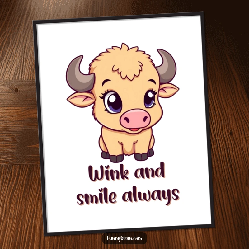 Funny poster showcasing a cute bison calf with one big eye giving a delightful, playful wink, full of innocent charm.